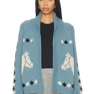 THE GREAT. Blue Knit Open-Front Cardigan with Cream & Black Horse Intarsia